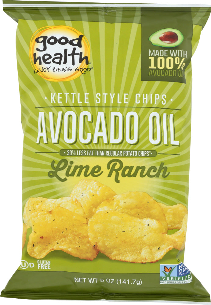 Description
At Good Health®, we believe the secret to a great œLifeitude, aka loving life to the fullest, is feeling good. So for times when nothing but crispy, crunchy, kettle-cooked potato chips will do, we created Avocado Oil Potato Chips topped with Lime Ranch. This fresh flavor is a killer combo of creamy &amp; zingy “ a perfect pairing with flavor-rich 100% Avocado Oil, which is known for its antioxidants and heart healthy monounsaturated fats ¨so you can...