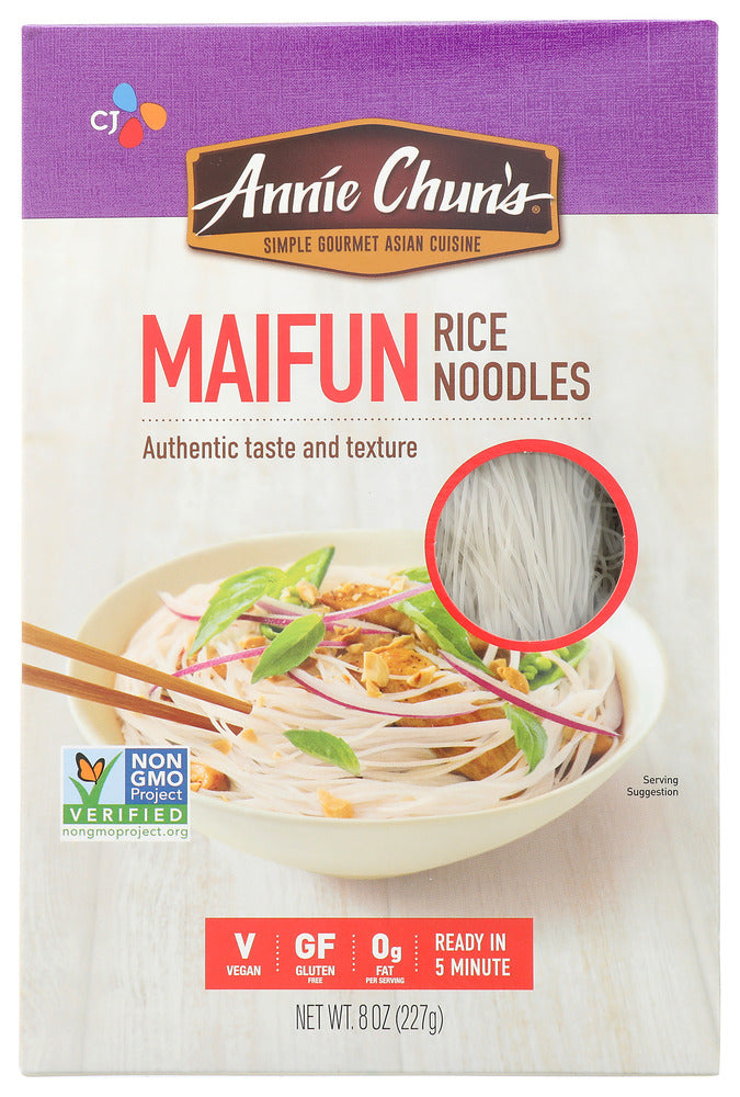 Our delicate, appealingly tender Maifun (angel hair) Rice Noodles are fantastic any way you serve them, from spaghetti to a tasty side tossed in olive oil. Like all our rice noodles, they are fat free food, free of wheat, and gluten. Their delightful texture and mild flavor make them a fun, light alternative to ordinary pasta.