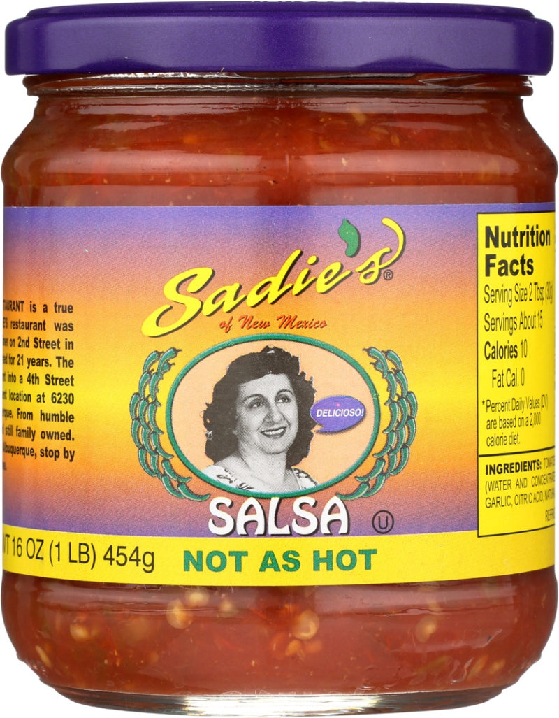 With a special blend of tomatoes, jalepenos and garlic.
Sadie's Not as Hot medium salsa has all the delicious taste of the original with a gentler spice. Don't let the name fool you”this salsa still packs a punch. But it's perfect for those who prefer less heat!