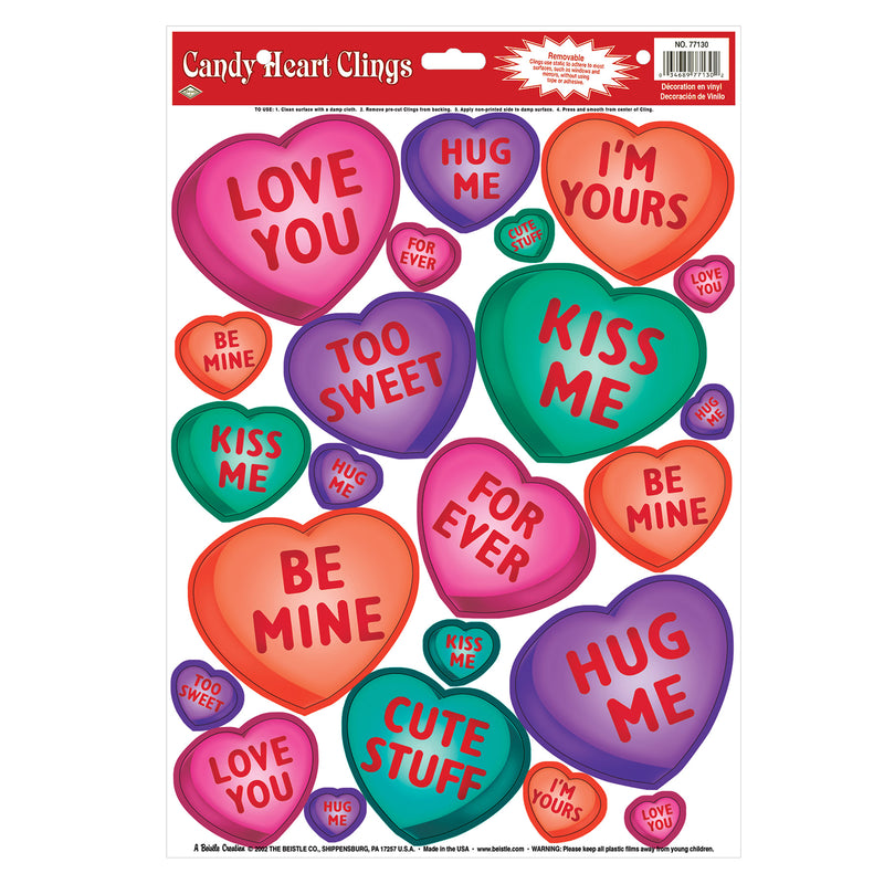 Candy Heart Clings – 12" x 17" Sh – (23/Sh) by Beistle for Valentines Window Clings
