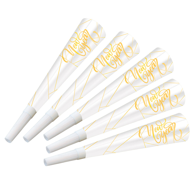 White New Year Gold Horns – 9" by Beistle for New Years Foil Horns