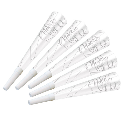 White New Year Silver Horns – 9" by Beistle for New Years Foil Horns
