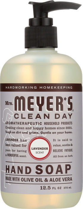 Mrs. Meyer's Clean Day Lavender Hand Soap contains a special recipe of aloe vera gel, olive oil and a unique blend of essential oils to create a hard working, non-drying, yet softening cleaner for busy hands. Hands have never had it so good. Paraben free. Made in the USA. 