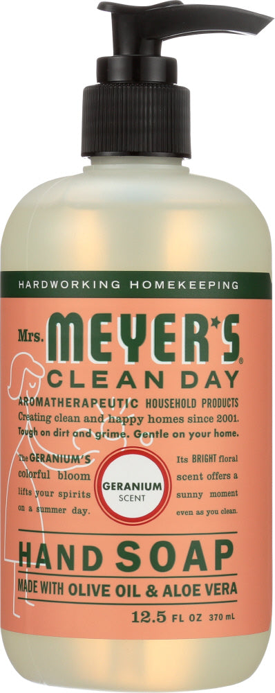 Mrs. Meyer's Clean Day Geranium Hand Soap contains a special recipe of aloe vera gel, olive oil and a unique blend of essential oils to create a hard working, non-drying, yet softening cleaner for busy hands. Hands have never had it so good. Paraben free. Made in the USA. 
