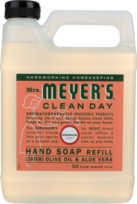 Mrs. Meyer's Clean Day Geranium Liquid Hand Soap Refill comes in a handy jug that refills your regular Mrs. Meyer's Clean Day Liquid Soap bottle up to two and a half times and is made from 25% PCR. Savings for you and for the earth. When you're done, throw the bottle in with your everyday recycling. Made in the USA.