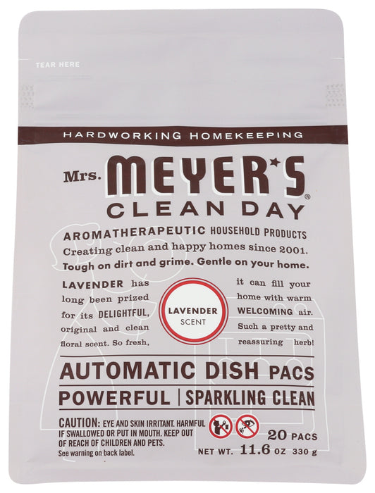 Mrs. Meyer's Clean Day Automatic Dish Packs help your dishwasher create sparkling dishes, glasses and flatware. Each of the dishwashing packets of oxygen bleach formula loads easily in the dishwasher's soap cup and is safe for use in all machines. Remove coffee stains, tea stains and more without phosphates or chlorine. Twenty packs per pouch. Made in the USA. 