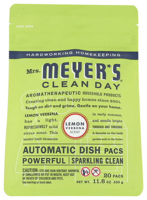 Mrs. Meyer's Clean Day Automatic Dishwasher Soap Packets help your dishwasher produce sparkling dishes, glasses and flatware. Each pack of oxygen bleach formula loads easily in the dishwasher's soap cup and is safe for use in all machines. Clean coffee stains from cups without phosphates or chlorine. Twenty packs per pouch. Made in the USA.