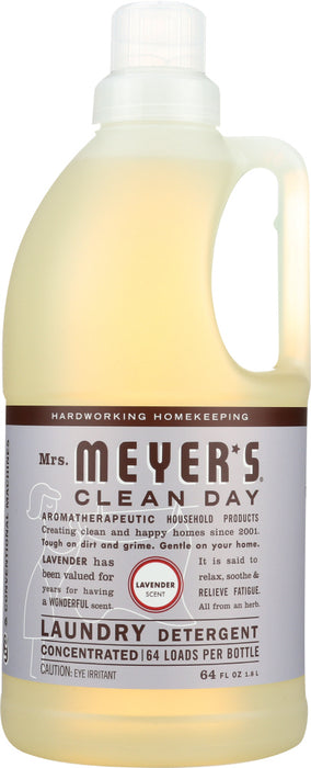 Mrs. Meyer's Clean Day Laundry Detergent liquid is one of our hardest working cleaners. Concentrated, safe and gentle on clothes, our Lavender laundry soap really packs a punch when it comes to removing dirt and grime. Contains Anionic Surfactants from plant-derived sources, dirt and stain-fighting enzymes, and, of course, those important essential oils for a garden-fresh fragrance. Biodegradable and HE compatible. Concentrated for 64 loads. Made In the USA.