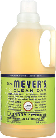 Mrs. Meyer's Clean Day Lemon Verbena Laundry Detergent liquid is one of our hardest working laundry soaps. Concentrated, safe and gentle on clothes - yet it really packs a punch when it comes to removing dirt and grime. Contains Anionic Surfactants from plant-derived sources, dirt and stain-fighting enzymes, and, of course, those important natural essential oils for a garden-fresh fragrance. Environmentally friendly laundry detergent that is HE compatible &amp; concentrated for 64 loads. Made in the USA.