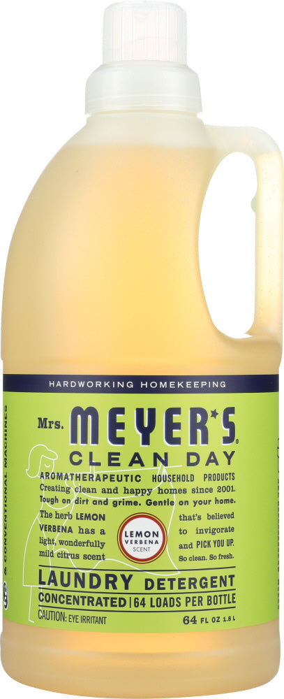Mrs. Meyer's Clean Day Lemon Verbena Laundry Detergent liquid is one of our hardest working laundry soaps. Concentrated, safe and gentle on clothes - yet it really packs a punch when it comes to removing dirt and grime. Contains Anionic Surfactants from plant-derived sources, dirt and stain-fighting enzymes, and, of course, those important natural essential oils for a garden-fresh fragrance. Environmentally friendly laundry detergent that is HE compatible &amp; concentrated for 64 loads. Made in the USA.
