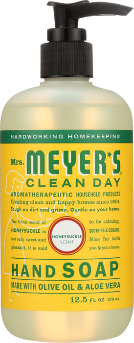 Mrs. Meyer's Clean Day Hand Soap in Honeysuckle Scent contains aloe vera gel, olive oil and a unique blend of natural essential oils to create a hard working, non-drying, yet softening cleaner for busy hands. Hands have never had it so good. Paraben free. Made in the USA.