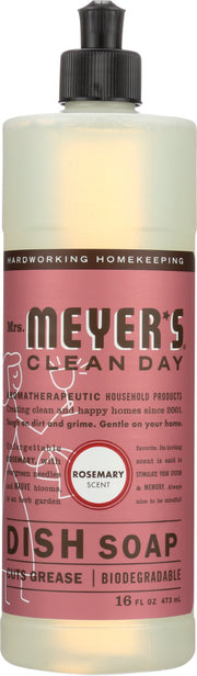 Mrs. Meyer's Clean Day Rosemary Scented Eco Friendly Dish Soap is rich, thick and makes grease disappear like nobody's business. This concentrated liquid dish formula for hand washing dishes, pots and pans includes Soap Bark Extract, another ingredient from the garden that is one of nature's best degreasers. Rinses clean. All you need is a squirt or two and you're on your way.