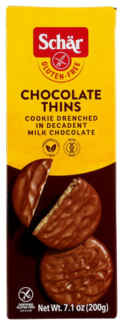 Experience the elegant simplicity of Schär Gluten-Free Chocolate Thins! These delicately crisp biscuits are perfectly coated with a luscious layer of rich chocolate, making them an irresistible treat for any time of day.