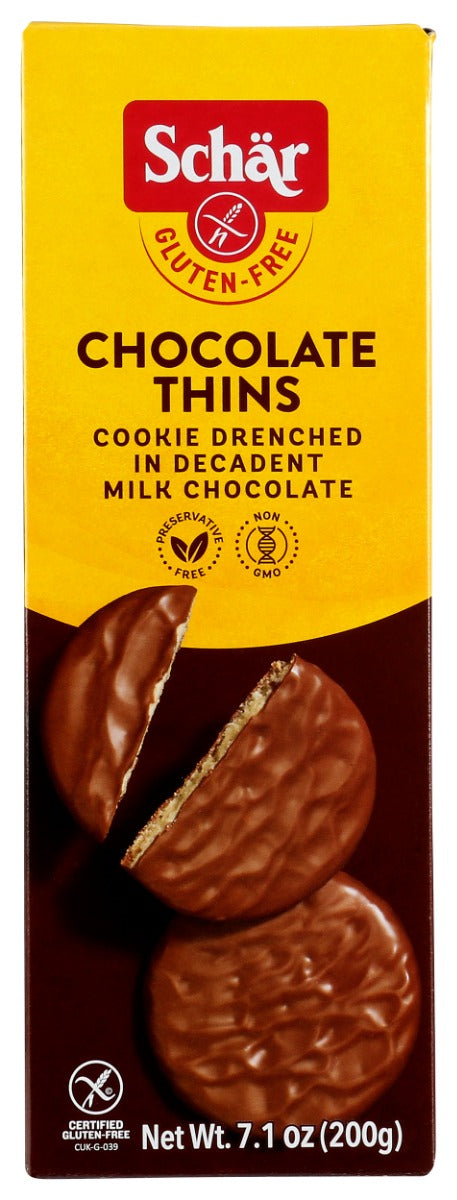 Experience the elegant simplicity of Schär Gluten-Free Chocolate Thins! These delicately crisp biscuits are perfectly coated with a luscious layer of rich chocolate, making them an irresistible treat for any time of day.