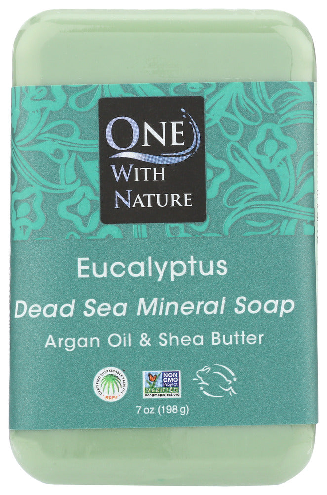 The Dead Sea's rich mineral salts deeply cleanse and tone while restoring the skin's natural pH. This unique soap combines pure Dead Sea salt, argan oil, shea butter and eucalyptus essential oil in a natural vegetable base. Triple milled* right at the source &mdash; The Dead Sea. Absolutely nothing artificial.
*Triple milling creates a higher quality, longer lasting bar.