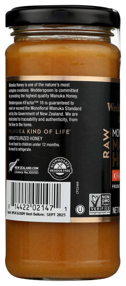 WEDDERSPOON: Raw Monofloral Manuka Honey KFactor 16, 11.5 oz