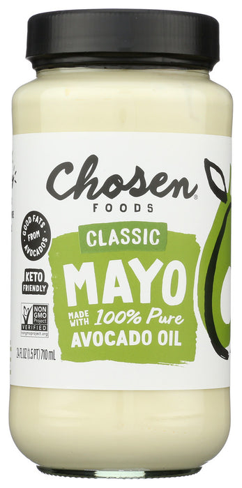 Chosen Foods Avocado Oil Mayo is a refreshing take on boring old mayo. Not only is avocado oil better for you than the oils used in most mayos, it tastes amazing! We start with 100% pure avocado oil, whip in some cage-free eggs, a dash of organic vinegar, and a pinch of salt