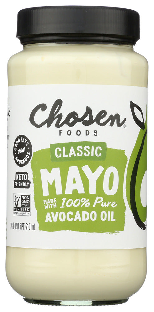Chosen Foods Avocado Oil Mayo is a refreshing take on boring old mayo. Not only is avocado oil better for you than the oils used in most mayos, it tastes amazing! We start with 100% pure avocado oil, whip in some cage-free eggs, a dash of organic vinegar, and a pinch of salt