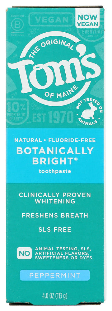 TOMS OF MAINE: Fluoride Free Botanically Bright Toothpaste Peppermint, 4 oz