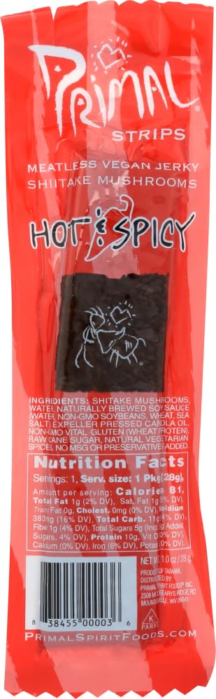 PRIMAL STRIPS: Shiitake Mushroom Hot Spicy Meatless Vegan Jerky, 1 oz