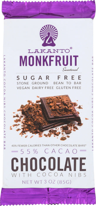 LAKANTO: Chocolate Bar 55% Nib Gluten Free Sugar Free, 3 oz