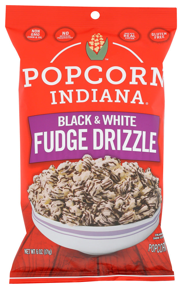POPCORN INDIANA: Black & White Fudge Drizzle Popcorn, 6 oz