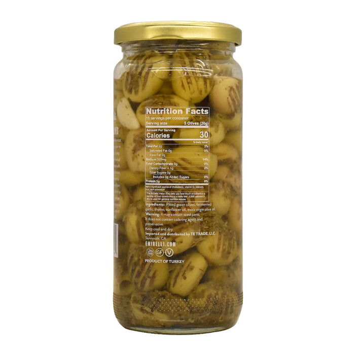 EMIRELLI: Wood Fire Grilled Pitted Olives Marinated with Garlic and Thyme, 16.9 oz