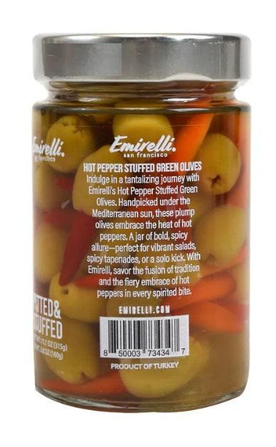 EMIRELLI: Hot Pepper Pitted and Stuffed Green Olives, 11.1 oz