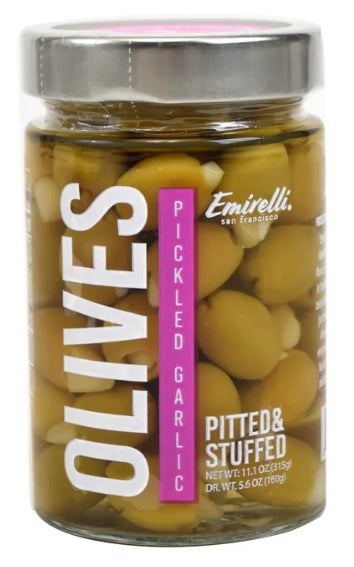 EMIRELLI: Pickled Garlic Pitted and Stuffed Green Olives, 11.1 oz