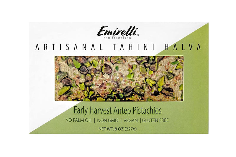 EMIRELLI: Artisanal Tahini Halva Early Harvest Antep Pistachios, 8 oz