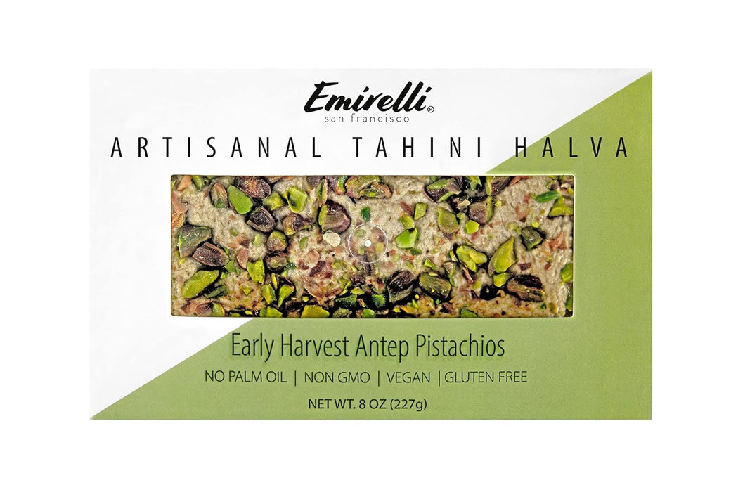 EMIRELLI: Artisanal Tahini Halva Early Harvest Antep Pistachios, 8 oz