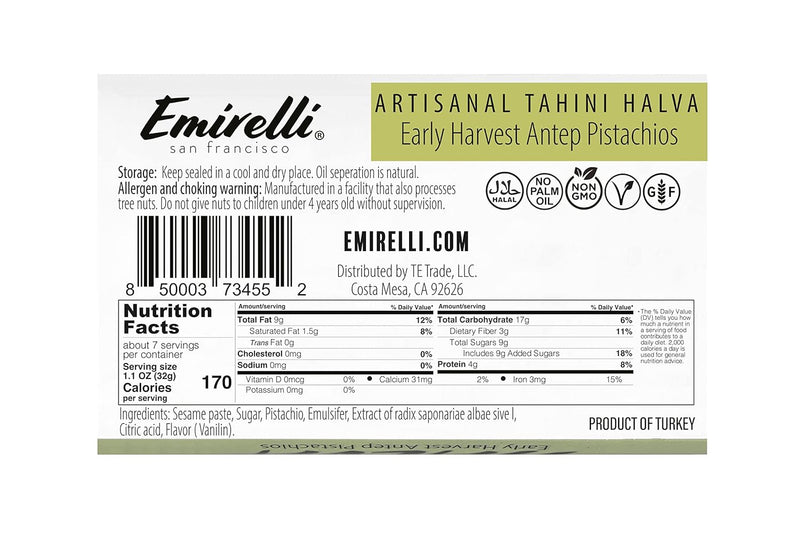 EMIRELLI: Artisanal Tahini Halva Early Harvest Antep Pistachios, 8 oz