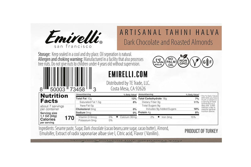 EMIRELLI: Artisanal Tahini Halva Dark Chocolate and Roasted Almonds, 8 oz