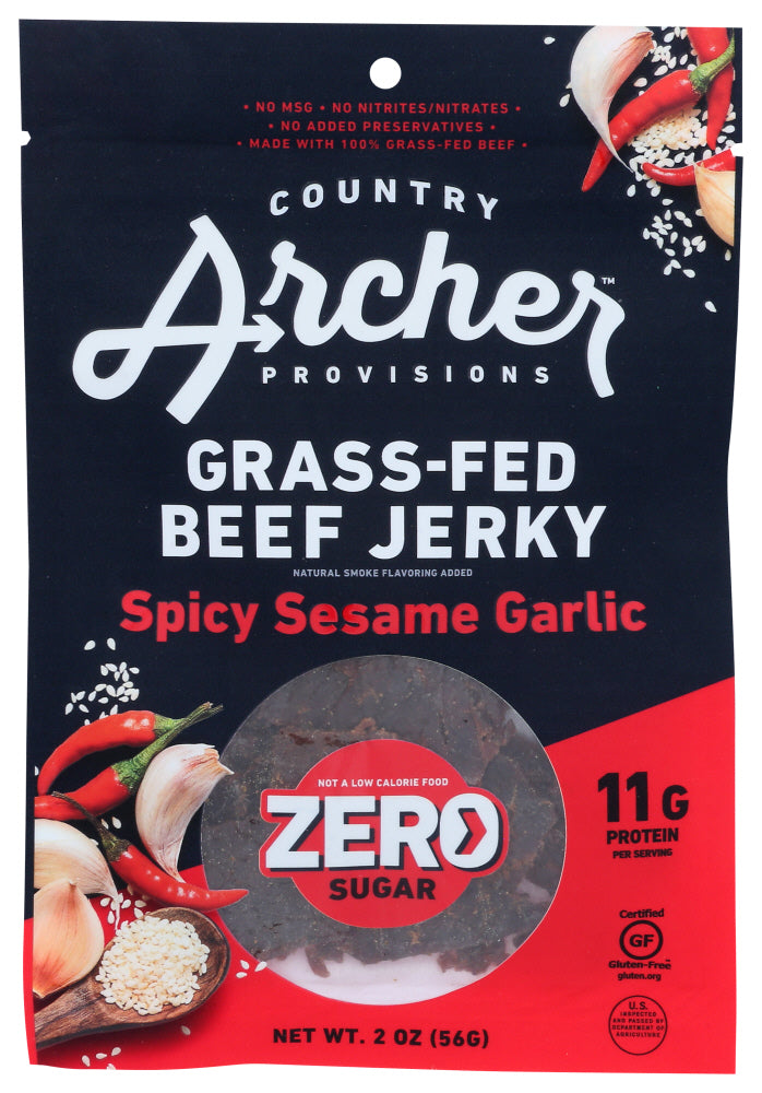 COUNTRY ARCHER: Zero Sugar Spicy Sesame Garlic Grass Fed Beef Jerky, 2 oz - No Brand For Less