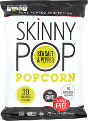 SKINNYPOP Sea Salt &amp; Pepper popcorn is seasoned to perfection - deliciously salted and peppered. This 4.4oz bag is great for individuals to grab a few handfuls or for sharing with friends and family. SKINNYPOP is gluten free, non-GMO, and a delicious whole grain snack. This flavor is also vegan!