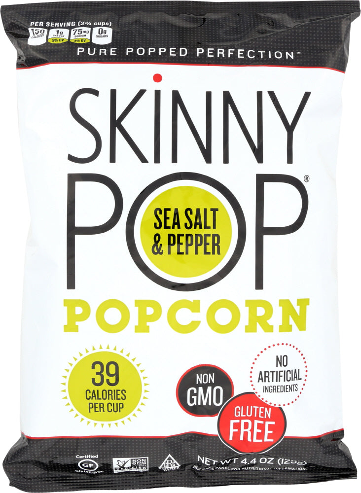 SKINNYPOP Sea Salt &amp; Pepper popcorn is seasoned to perfection - deliciously salted and peppered. This 4.4oz bag is great for individuals to grab a few handfuls or for sharing with friends and family. SKINNYPOP is gluten free, non-GMO, and a delicious whole grain snack. This flavor is also vegan!
