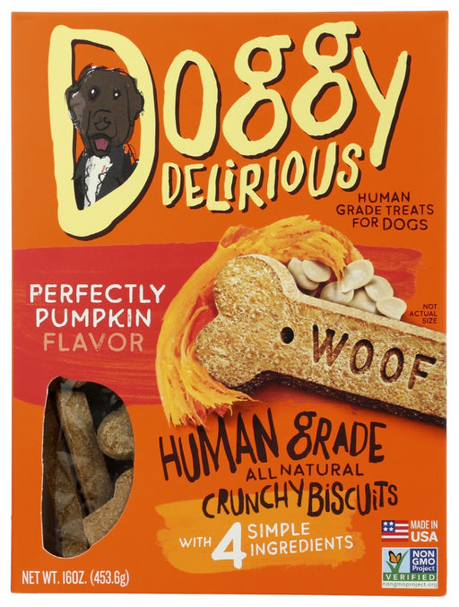 Using only the best fresh produce, whole grains, and the highest quality of organic pumpkins, this treat will satisfy your dog's taste buds.
Doggy Delirious Dog Treats are made using no corn, wheat, soy, preservatives or artificial ingredients.  Baked to perfection, these tasty bone shaped biscuits are low fat and sure to please.
Excellent for every day rewards as well as training, they are suitable for all dogs, old and new.