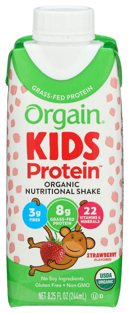 Snack time doesn't have to be a battle. We suggest something berry delicious”Orgain Kids Protein Organic Nutrition Shake in Strawberry flavor. With the taste of strawberries, each shake has 8g of organic, grass-fed protein and 22 essential vitamins &amp; minerals.
It's a strawberries and cream dream come true, with all the smooth flavor of a berry shake or smoothie. Whether it's a quick pick-me-up or a nutritious addition to their lunchbox, this shake has got you covered.