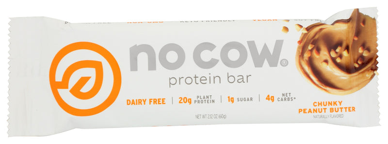 No Cow Non-Dairy Chunky Peanut Butter Protein Bar contains 21g of plant-based protein and only 1g of sugar. Who you callin' chunky? It's all good, with real peanut butter and chunks of peanuts No Cow understands. Get your peanut butter fix along with 21g of protein and only 1g of sugar.