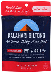 Made in the USA from the finest American Beef, our Biltong is a tender flavorful experience that is a unique cross between jerky, slow-roasted beef, and the finest Italian prosciutto.  With the same 6 ingredients as the Original - our Spicy Peri Peri has just a little bit more spice and gives you just the right amount of kick so that can be enjoyed by all.