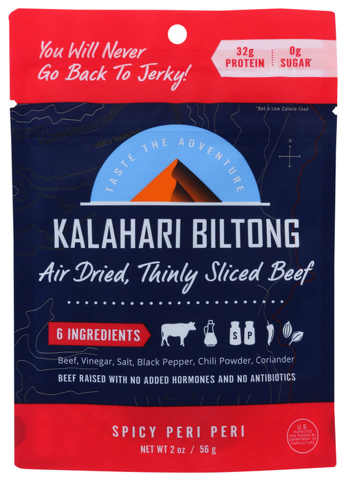 Made in the USA from the finest American Beef, our Biltong is a tender flavorful experience that is a unique cross between jerky, slow-roasted beef, and the finest Italian prosciutto.  With the same 6 ingredients as the Original - our Spicy Peri Peri has just a little bit more spice and gives you just the right amount of kick so that can be enjoyed by all. 