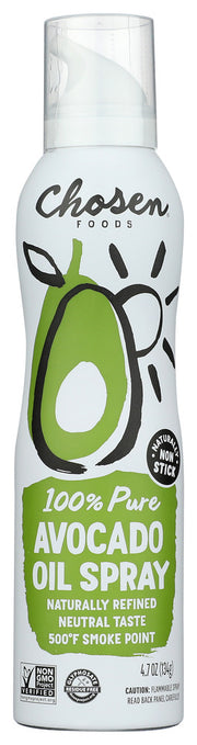 Our healthy, high smoke point avocado oil is bottled in an all-natural spray bottle. Air pressure technology eliminates the need for chemical propellants and other harmful ingredients. With Chosen Foods 100% Pure Avocado Oil Spray, you can quickly and evenly add avocado oil to your recipes in a natural way. Chosen Foods' naturally refined avocado oil spray uses a safe air-pressure technology that eliminates any additives or chemical propellants. Safe for high heat cooking up to 500 degree Fahrenheit.