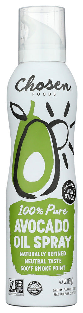 Our healthy, high smoke point avocado oil is bottled in an all-natural spray bottle. Air pressure technology eliminates the need for chemical propellants and other harmful ingredients. With Chosen Foods 100% Pure Avocado Oil Spray, you can quickly and evenly add avocado oil to your recipes in a natural way. Chosen Foods' naturally refined avocado oil spray uses a safe air-pressure technology that eliminates any additives or chemical propellants. Safe for high heat cooking up to 500 degree Fahrenheit.