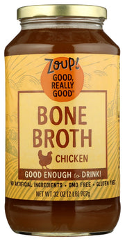 

Zoup! Good, Really Good® Chicken Bone Broth possesses a rich, savory flavor that you'll enjoy drinking warm as is, or you can add your own spices and herbs. Kettle-cooked in small batches and made with the finest ingredients, it makes a wonderful base for soups, stews, or any recipe that calls for broth.

