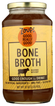 The simmered-all-day, savory taste of Zoup! Good, Really Good® Beef Bone Broth is so fresh-tasting, you'll enjoy drinking it warm as is, or you can add your own spices and herbs. 
Crafted from the highest quality ingredients, the homemade flavor of our Beef Bone Broth also serves as a wonderful base for soups, stews and gravies.