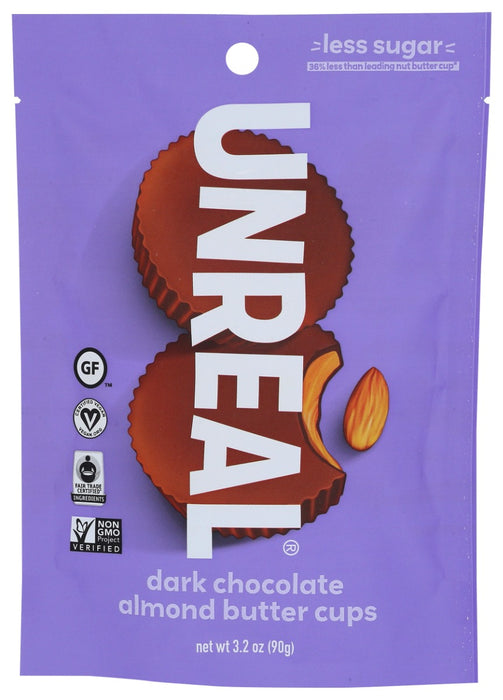 We started UNREAL so everyone can enjoy out of this world, all real chocolate snacks without all the sugar.
We make our cups with deliciously rich fair trade dark chocolate, creamy almond butter and lightly sweeten them, without sugar alcohols. We jyst use less sugar.
For real. And the taste is UNREAL!