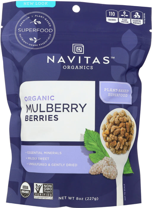Mulberries
Dried white mulberries are treasured for their unique flavor and texture, and for their antioxidant content. Navitas Naturals Mulberries are akin to a dried fig in flavor and chewiness. Our Turkish mulberries are a satisfying snack, or they can enhance virtually any recipe. Try this sweet superfruit in trail mix, granola, yogurt, smoothies and baked goods.