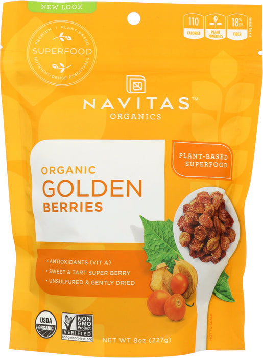 Navitas Naturals Goldenberries are handpicked at small family farms in the Andes Mountains of Colombia. They're a tasty source of vital nutrients including beta-carotene, protein, bioflavonoids, and vitamin A. These chewy superfruits are a healthy snack, and their sweet &amp; tart flavor gives a delicious boost to salads, yogurts, oatmeal, cookies and desserts.
