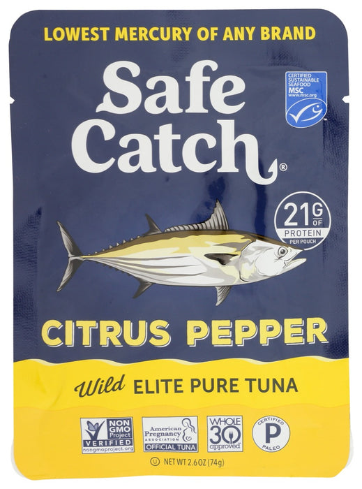  Citrus Pepper is seasoned with all natural black pepper, celery seed, lemon peel, garlic, onion, parsley, lemon, and a touch of avocado oil! The Safe Catch Seasoned Elite line pairs our lowest mercury tuna (Elite) with all natural premium ingredients. 