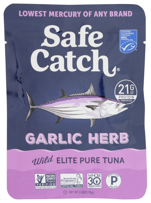 The Safe Catch Seasoned Elite line pairs our lowest mercury tuna (Elite) with all natural premium ingredients. Garlic Herb is seasoned with all natural black pepper, oregano, basil, rosemary, garlic, onion, orange peel, chili pepper, and a touch of avocado oil!